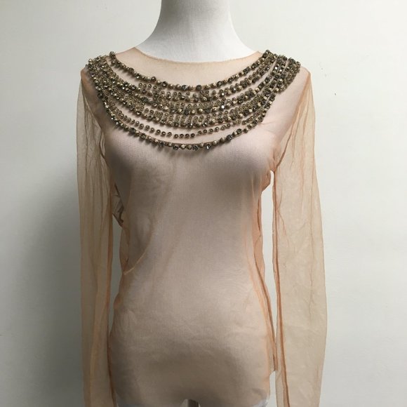 Alberta Ferretti mesh sheer beaded top nude stretch 4 - Picture 2 of 7